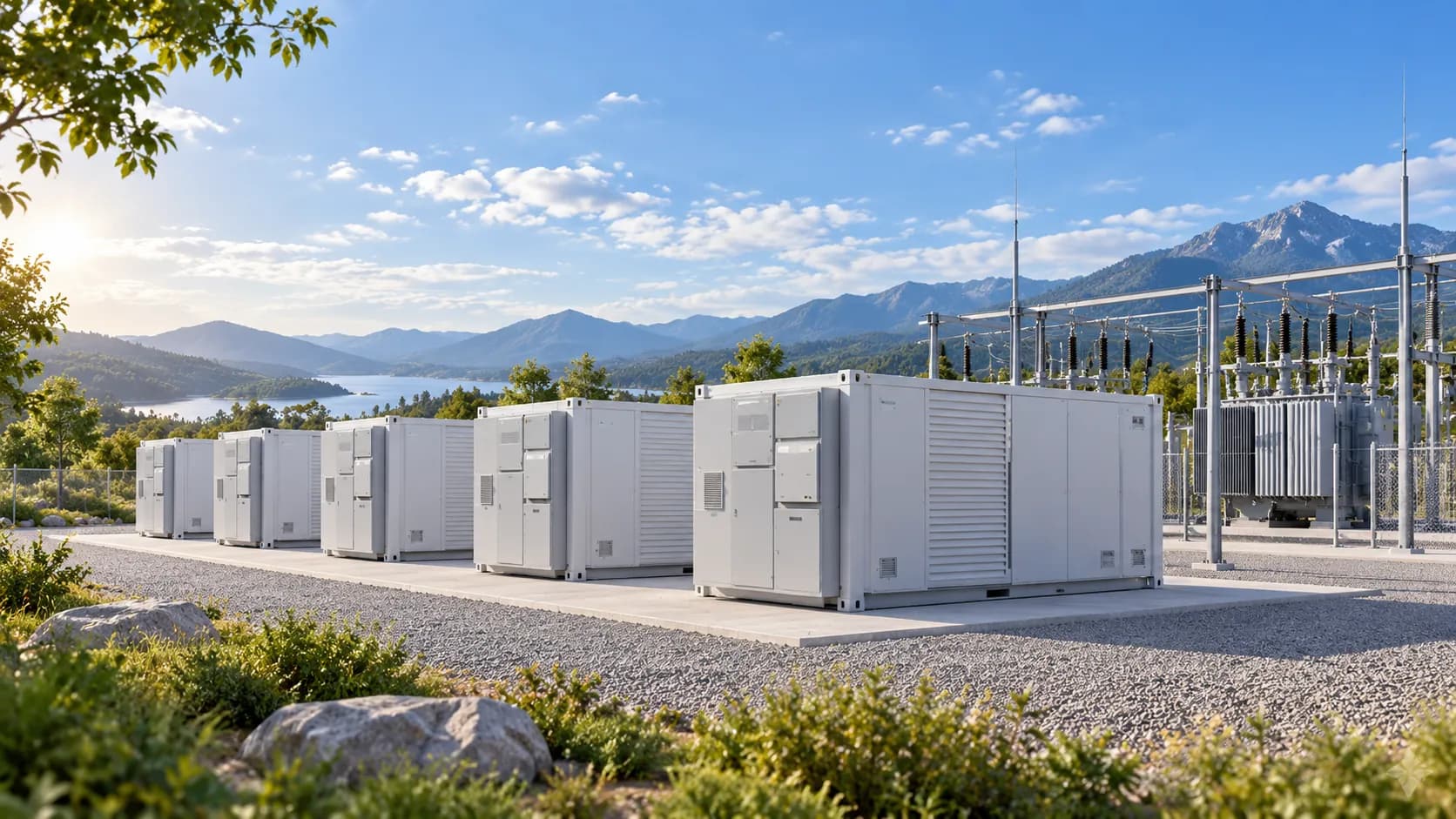 Container-Batteriespeicher eines Großspeichers neben einem Umspannwerk – Symbolbild für ein Graustromspeicher-Investment