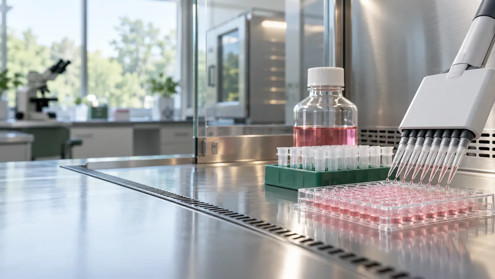 Pipette über einer Zellkulturplatte in einem Biotechnologie-Labor – KI-generiertes Symbolbild für Venture Capital in der Krebsforschung