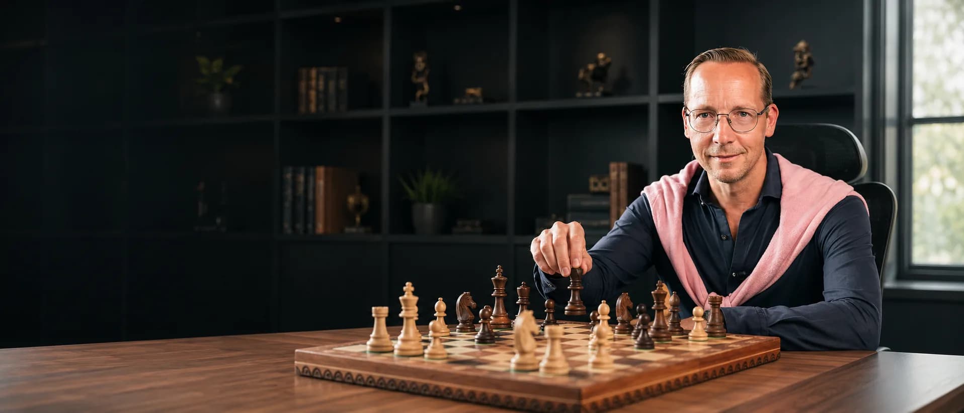 Moritz Graf Bernstorff, Gründer von Graf Bernstorff Consulting in Hamburg, am Schachbrett – Sinnbild für strategisches, langfristiges Denken