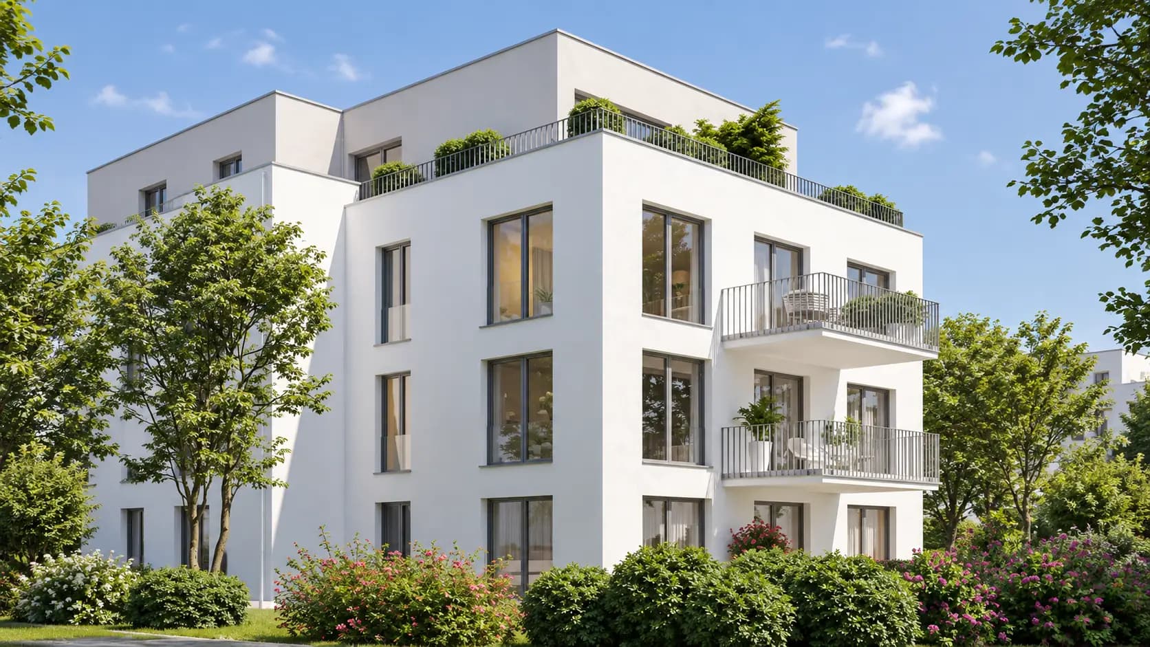 Modernes Mehrfamilienhaus mit Balkonen und Dachterrasse – Symbolbild für eine Immobilie als Kapitalanlage
